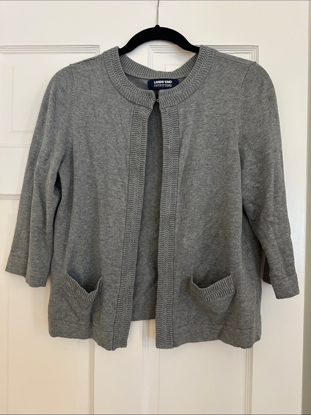 Lands' End Gray Open-Front Knit Cardigan with Pockets